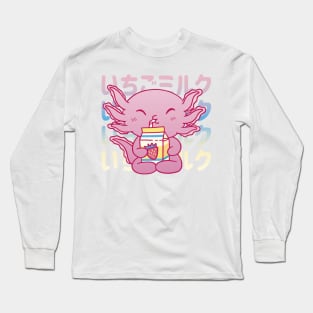 Cute Axolotl Drinking Strawberry Milk Long Sleeve T-Shirt